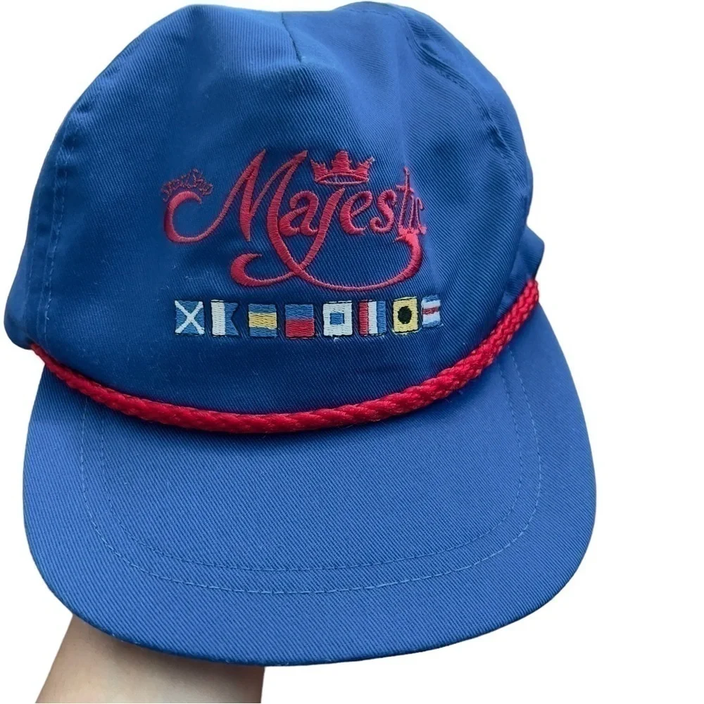 Vtg Classic Sportswear Majestic Flag Blue Roped Trucker Hat Cap Leather Strap